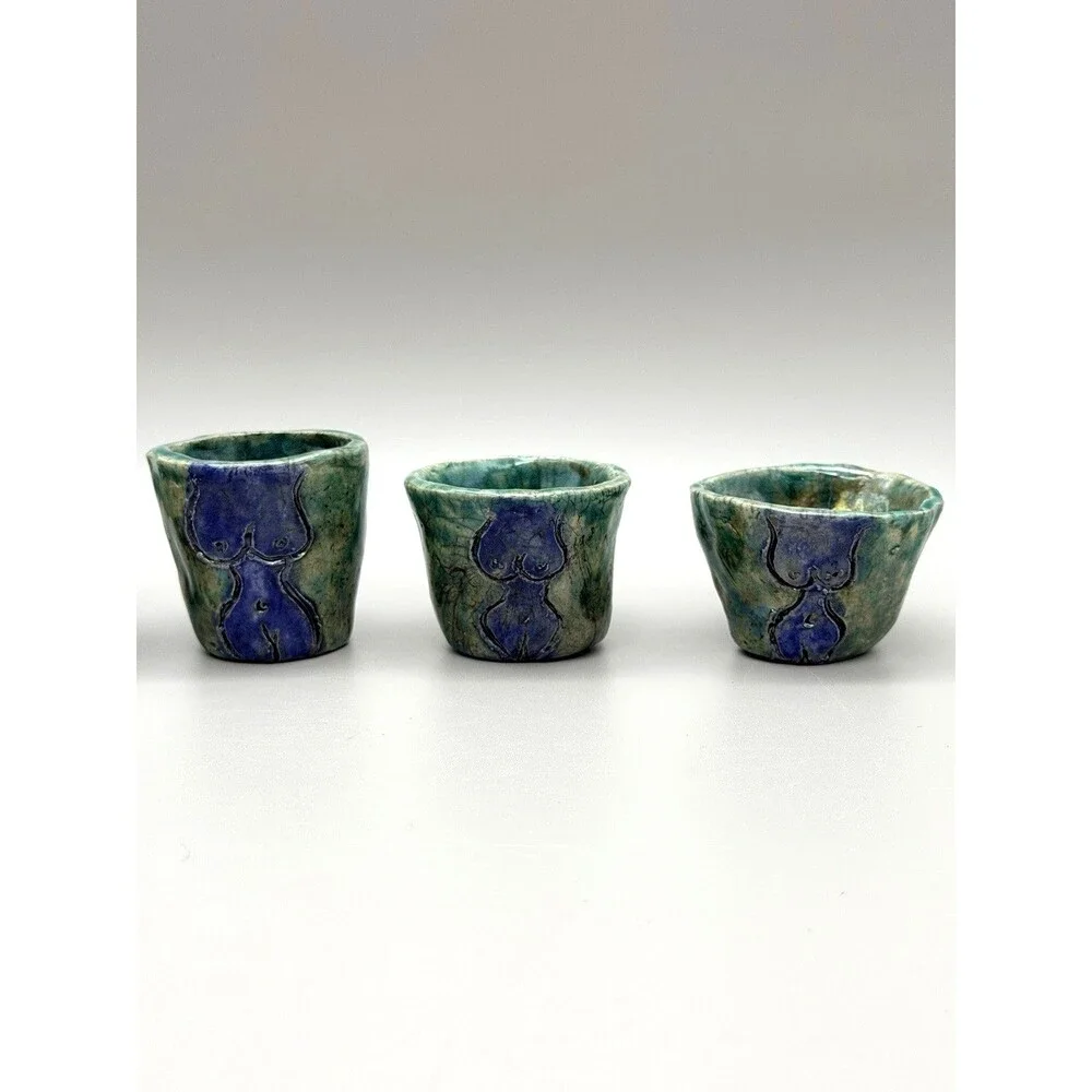 *5* Raku Studio Pottery Signed AW Female Nude Torso Shot Glasses Sake Cups OOAK